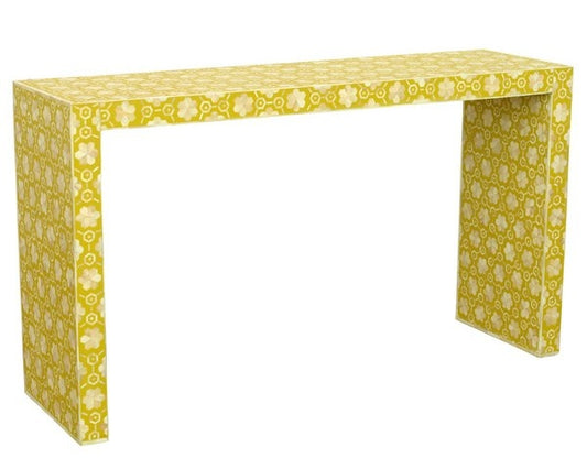 Handmade Bone Inlay Console Table Yellow Floral Design | Unique Exotic Design for Entryway, Living Room, and Dining Room Decor