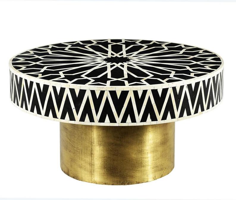 Bone Inlay Round Coffee Table for Home Geometric Floral Centre Table by Hansa Handicraft