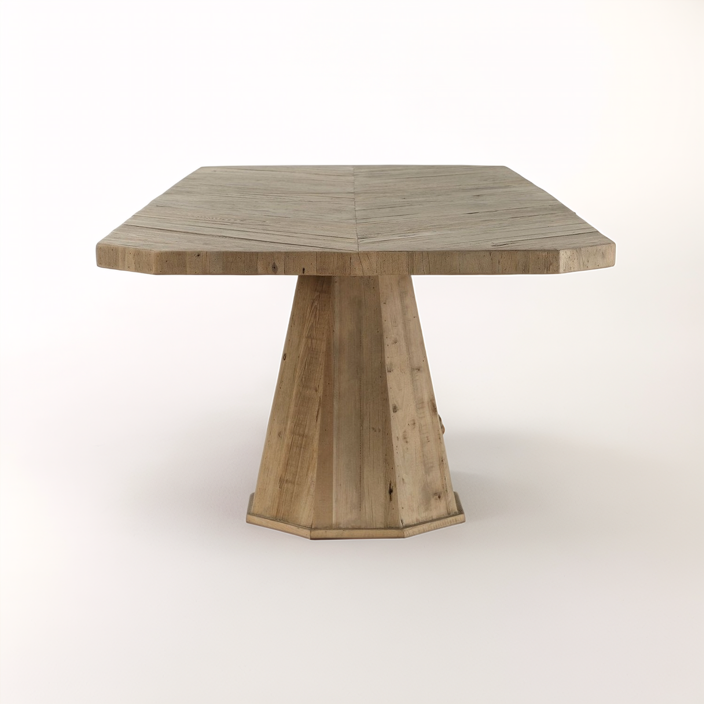 Wooden dining table with a hexagonal base on a white background