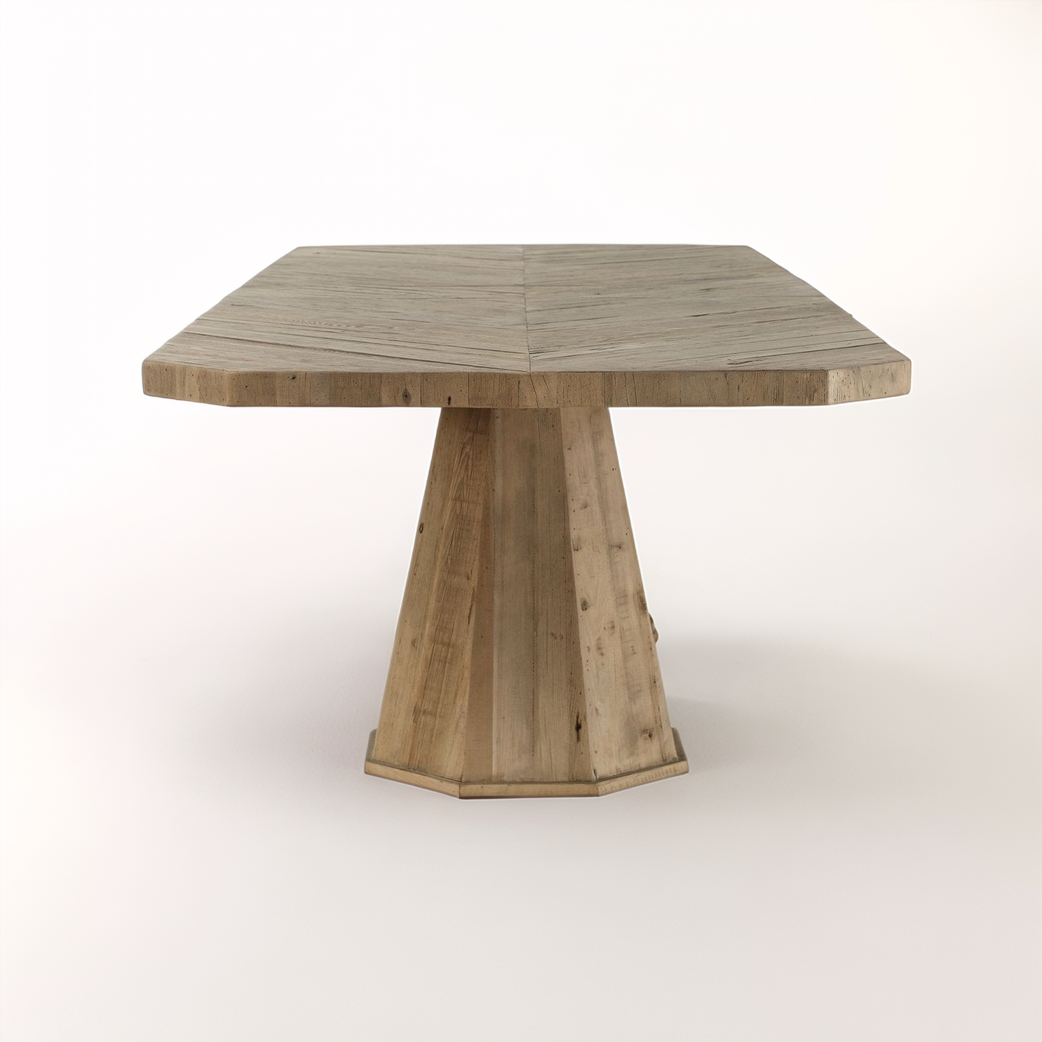 Wooden dining table with a hexagonal base on a white background