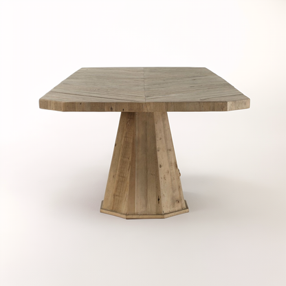 Wooden dining table with a hexagonal base on a white background