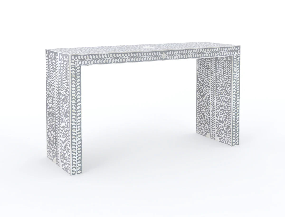 Handmade Bone Inlay Console Table Gray Floral Design | Unique Exotic Design for Entryway, Living Room, and Dining Room Decor