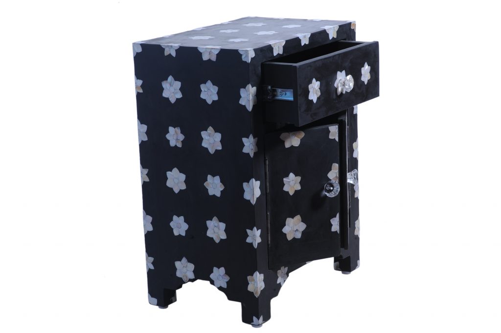 Mother of Pearl Star Design 1 Drawer and 2 Door Bedside Table in Black Color.