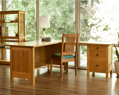 Doug L Desk in Cherry with Swinney Chair and MIssion Bookcase