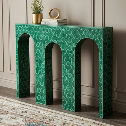 Green Bone Inlay Emera Console Table – Honeycomb Geometric Pattern | Luxury Handmade Furniture by Hansa Handicrafts - Hansa Handicraft