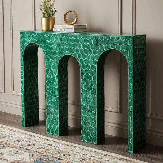 Green Bone Inlay Emera Console Table – Honeycomb Geometric Pattern | Luxury Handmade Furniture by Hansa Handicrafts - Hansa Handicraft