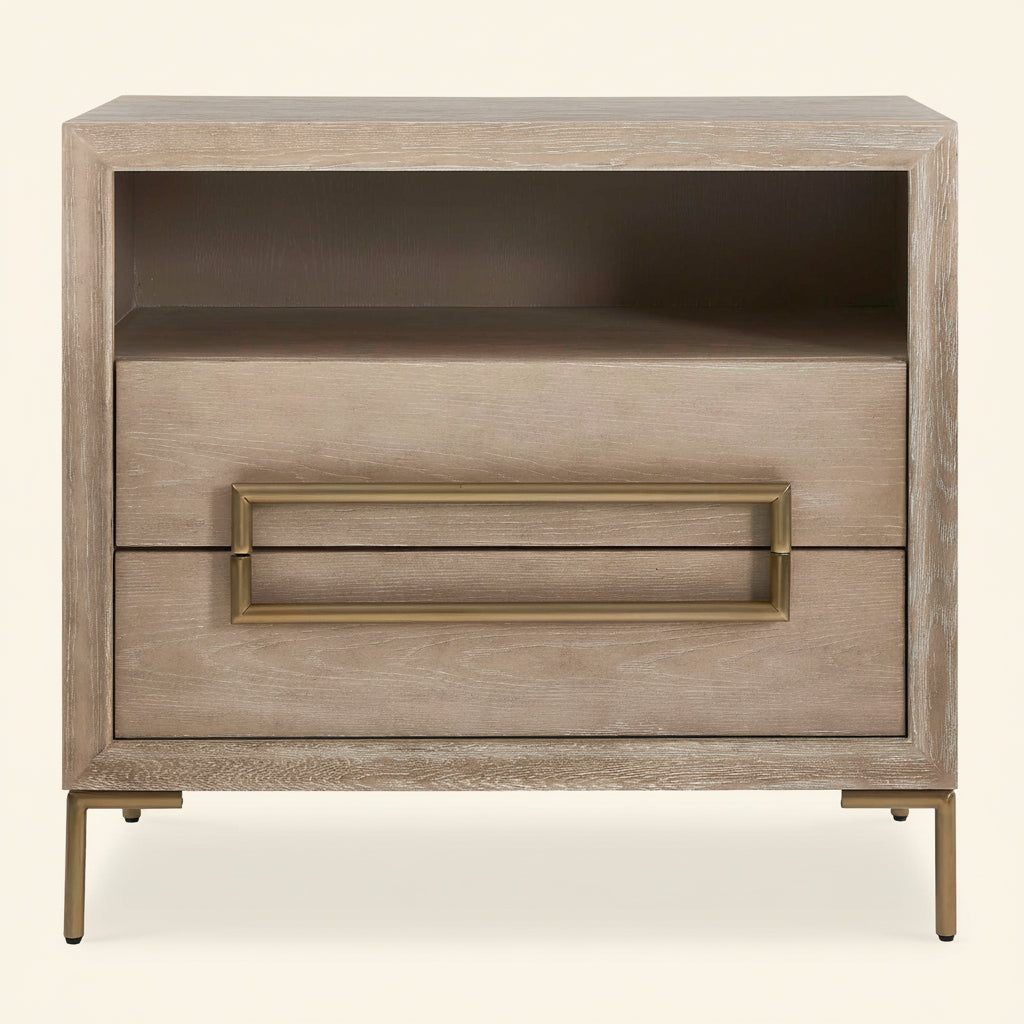 Wooden nightstand with a single drawer and gold handle on a white background