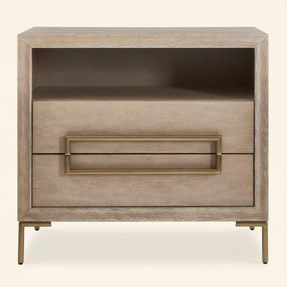 Wooden nightstand with a single drawer and gold handle on a white background