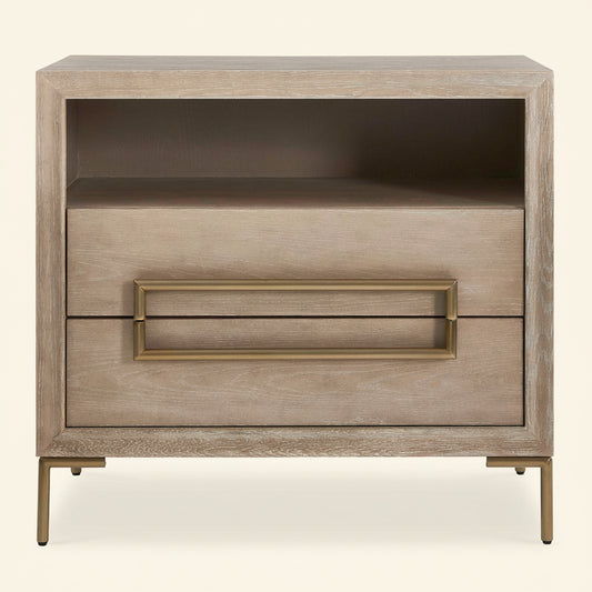 Wooden nightstand with a single drawer and gold handle on a white background