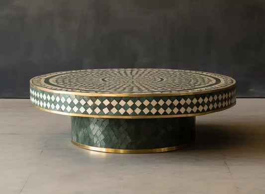 Green Bone Inlay Round Coffee Table with Brass Base | Handmade Accent Table | Hansa Handicraft Furniture