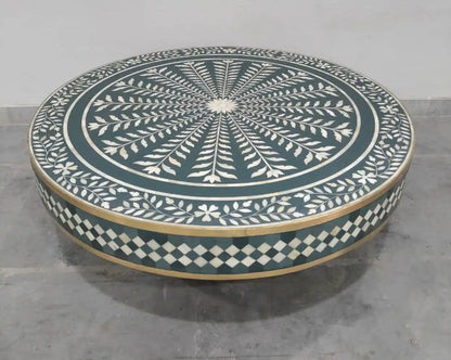 Green Bone Inlay Round Coffee Table with Brass Base | Handmade Accent Table | Hansa Handicraft Furniture