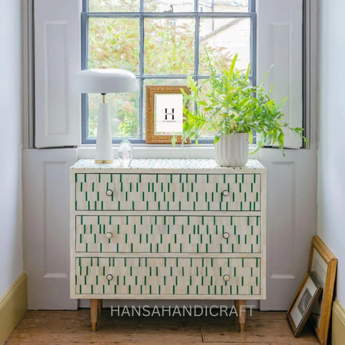 Green Striped Bone Inlay Storage Cabinet – Artisan Design by Hansa Handicraft
