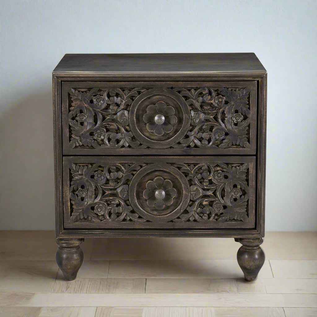 HAVELI FLORAL MOTIF CARVED WOOD NIGHTSTAND