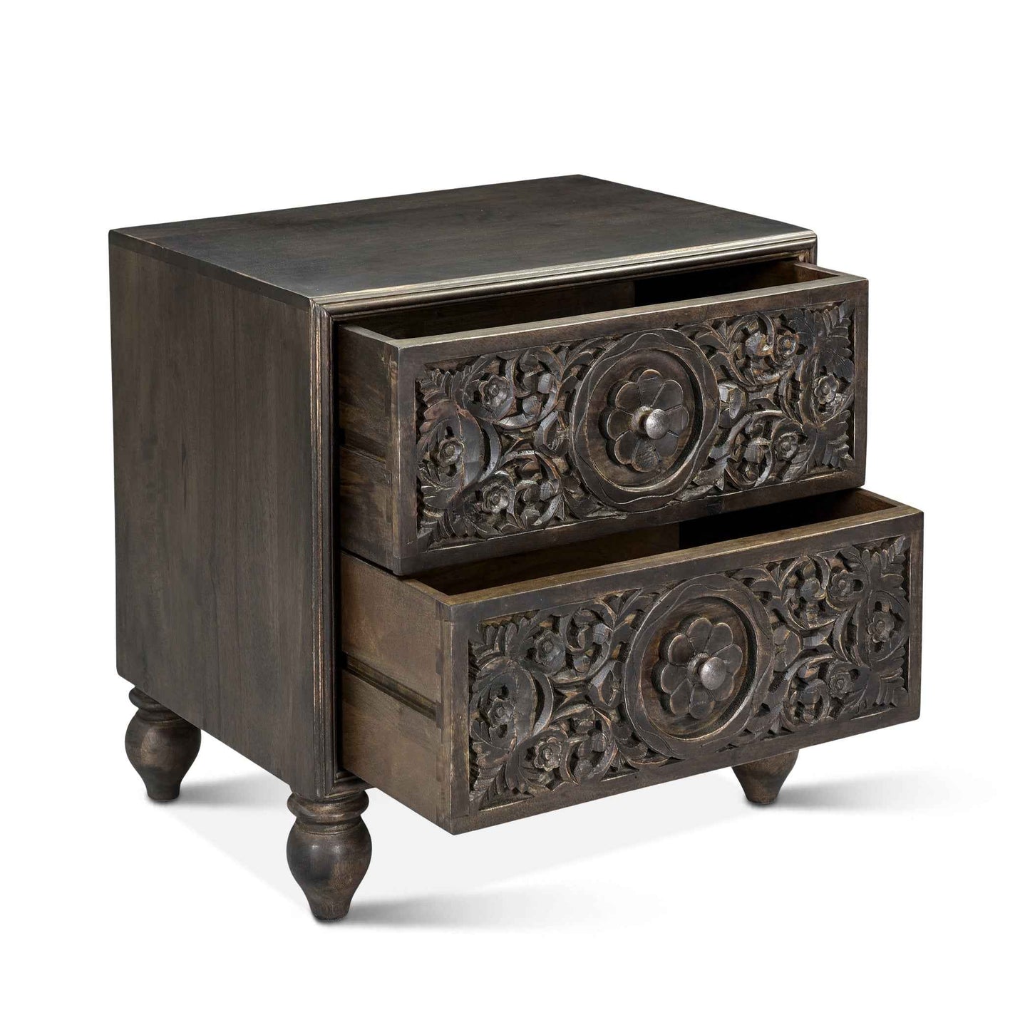HAVELI FLORAL MOTIF CARVED WOOD NIGHTSTAND