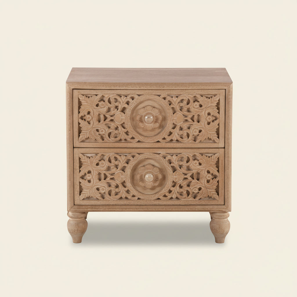 HAVELI FLORAL MOTIF CARVED WOOD NIGHTSTAND