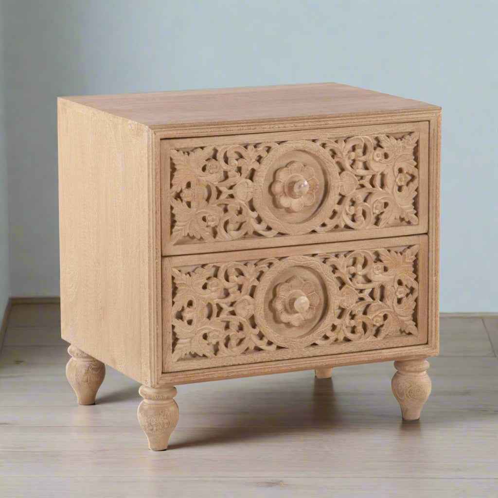 HAVELI FLORAL MOTIF CARVED WOOD NIGHTSTAND