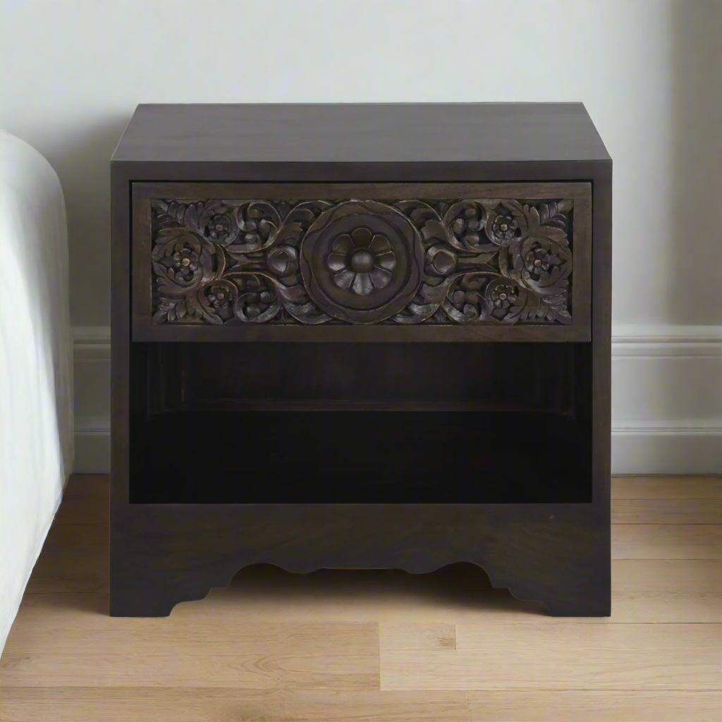 HAVELI 1-DRAWER CARVED WOOD NIGHTSTAND