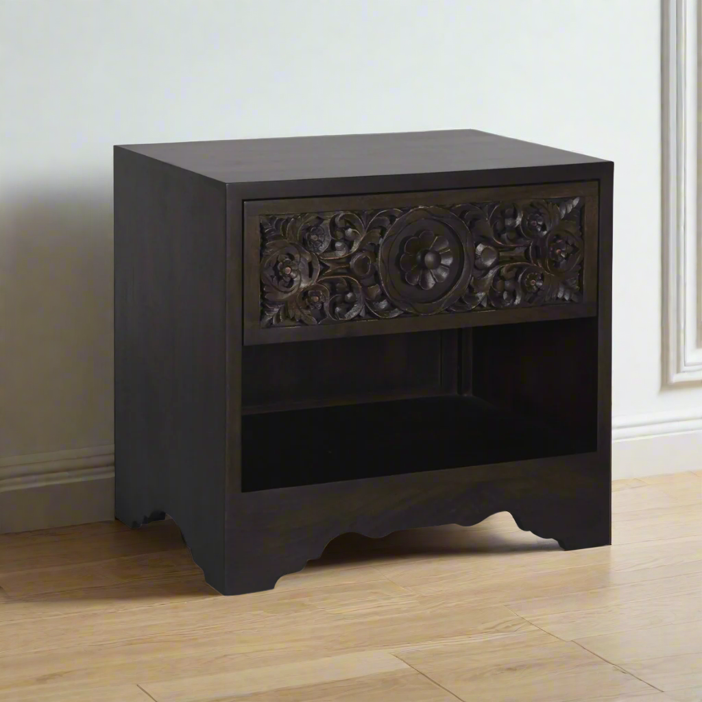 HAVELI 1-DRAWER CARVED WOOD NIGHTSTAND