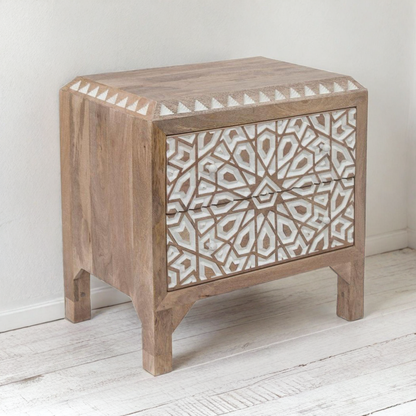 HAVELI GEOMETRIC MOTIF CARVED WOOD NIGHTSTAND