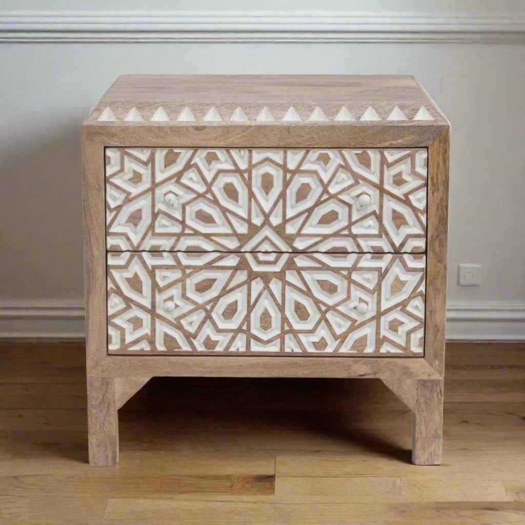 HAVELI GEOMETRIC MOTIF CARVED WOOD NIGHTSTAND