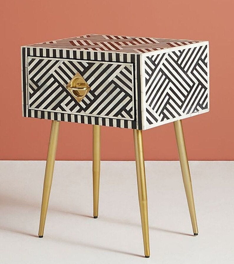 Handmade Bone Inlay Modern Striped Pattern Bedside Table with 1 Drawer for Home and Office Decor