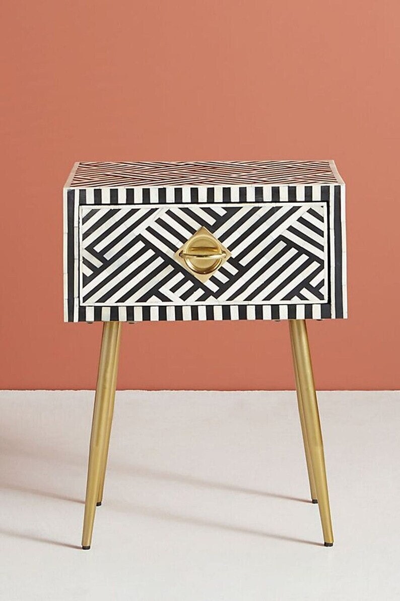 Handmade Bone Inlay Modern Striped Pattern Bedside Table with 1 Drawer for Home and Office Decor