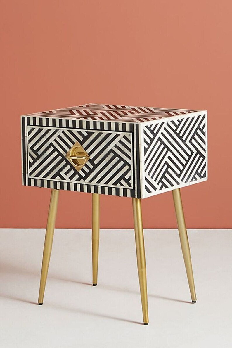 Handmade Bone Inlay Modern Striped Pattern Bedside Table with 1 Drawer for Home and Office Decor