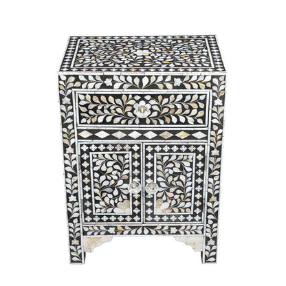 Mother of Pearl Inlay Floral Design Bedside Table Black, Mother of Pearl Inlay Floral Design Nightstand Table Blue, Mother of Pearl Inlay Storage, Bedroom Furniture