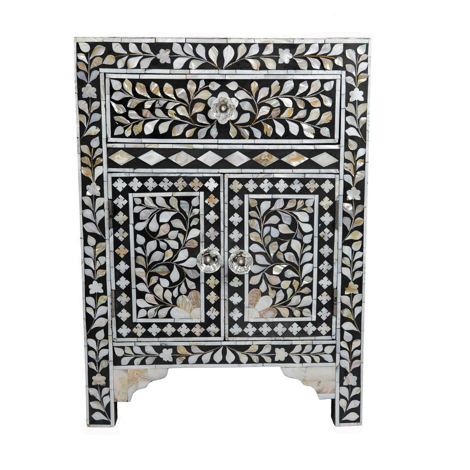 Mother of Pearl Inlay Floral Design Bedside Table Blue, Mother of Pearl Inlay Floral Design Nightstand Table Blue, Mother of Pearl Inlay Storage, Bedroom Furniture