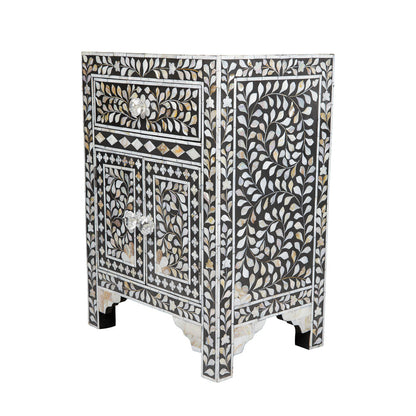 Mother of Pearl Inlay Floral Design Bedside Table Blue, Mother of Pearl Inlay Floral Design Nightstand Table Blue, Mother of Pearl Inlay Storage, Bedroom Furniture