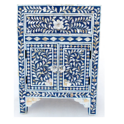 Mother of Pearl Inlay Floral Design Bedside Table Blue, Mother of Pearl Inlay Floral Design Nightstand Table Blue, Mother of Pearl Inlay Storage, Bedroom Furniture