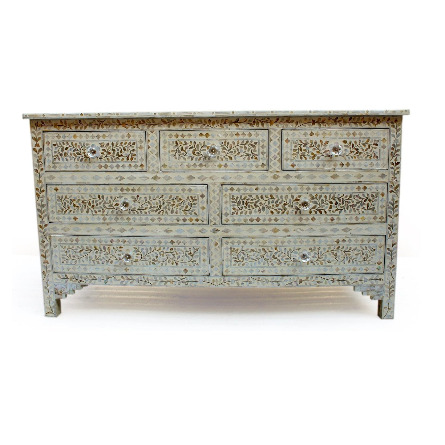 Mother of Pearl Chest of 7 Drawer, Mother of Pearl Inlay Floral Design Pattern