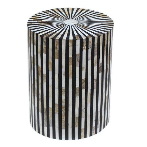 Mother of Pearl Round Drum Side Table Black Stripe Pattern, Mother of Pearl Wooden Stool Modern Pattern End table / Side table Furniture