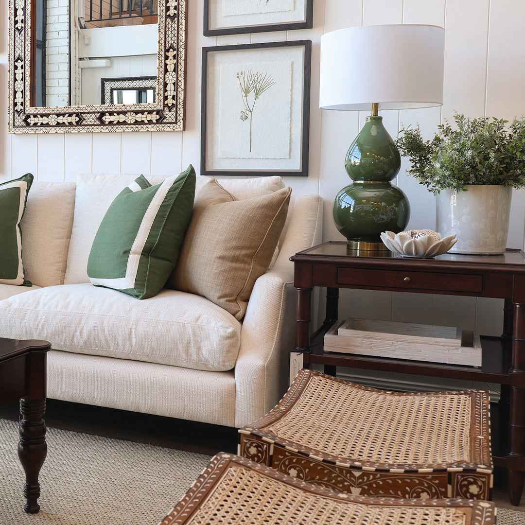 Teak Inlay Rattan Ottoman