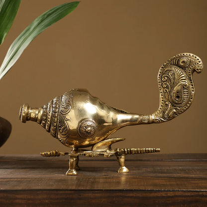 Brass Shankh with Stand, Standard, Antique Yellow