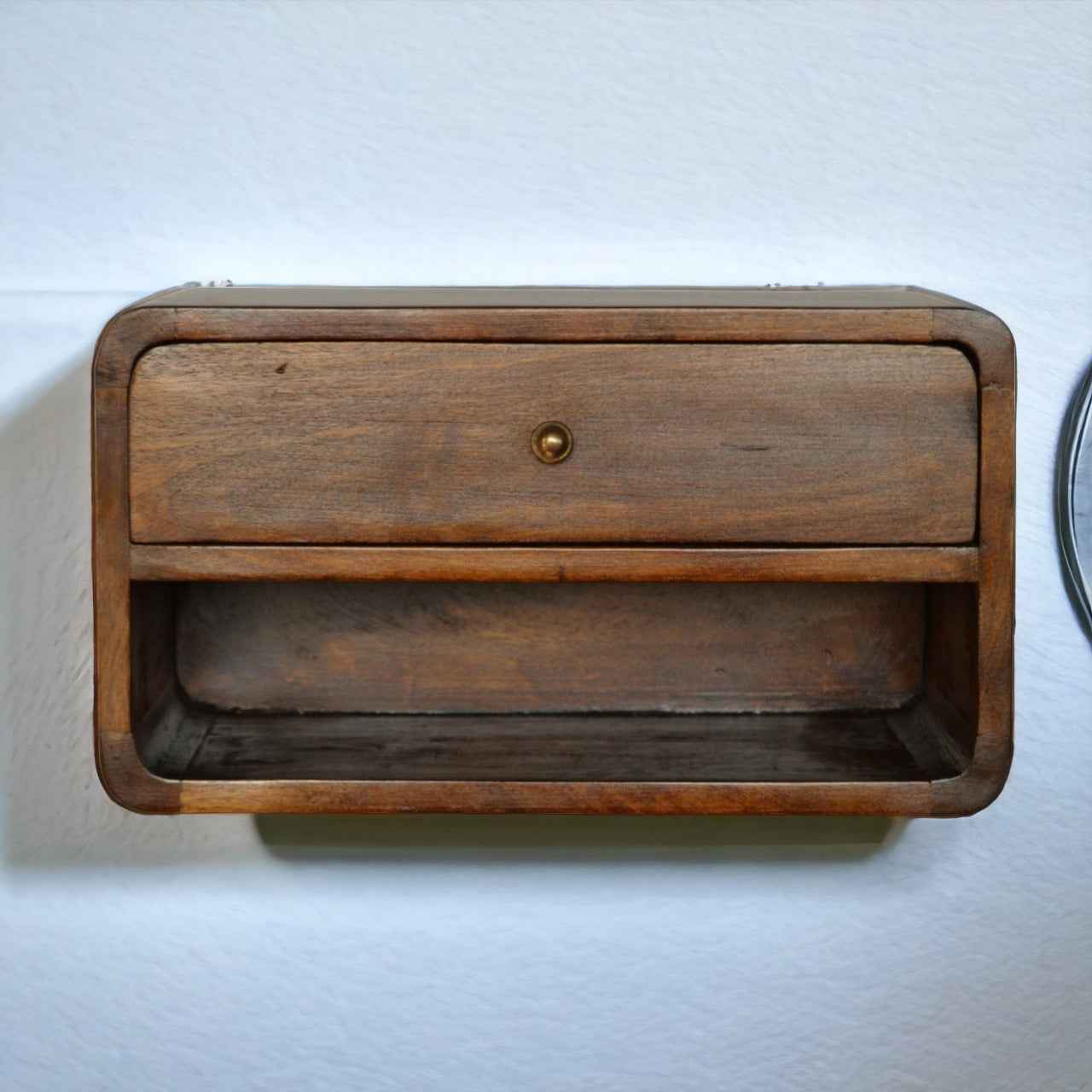 CURVED WALL-MOUNTED SIDE TABLE | CHESTNUT | 1 DRAWER - 1 SHELF