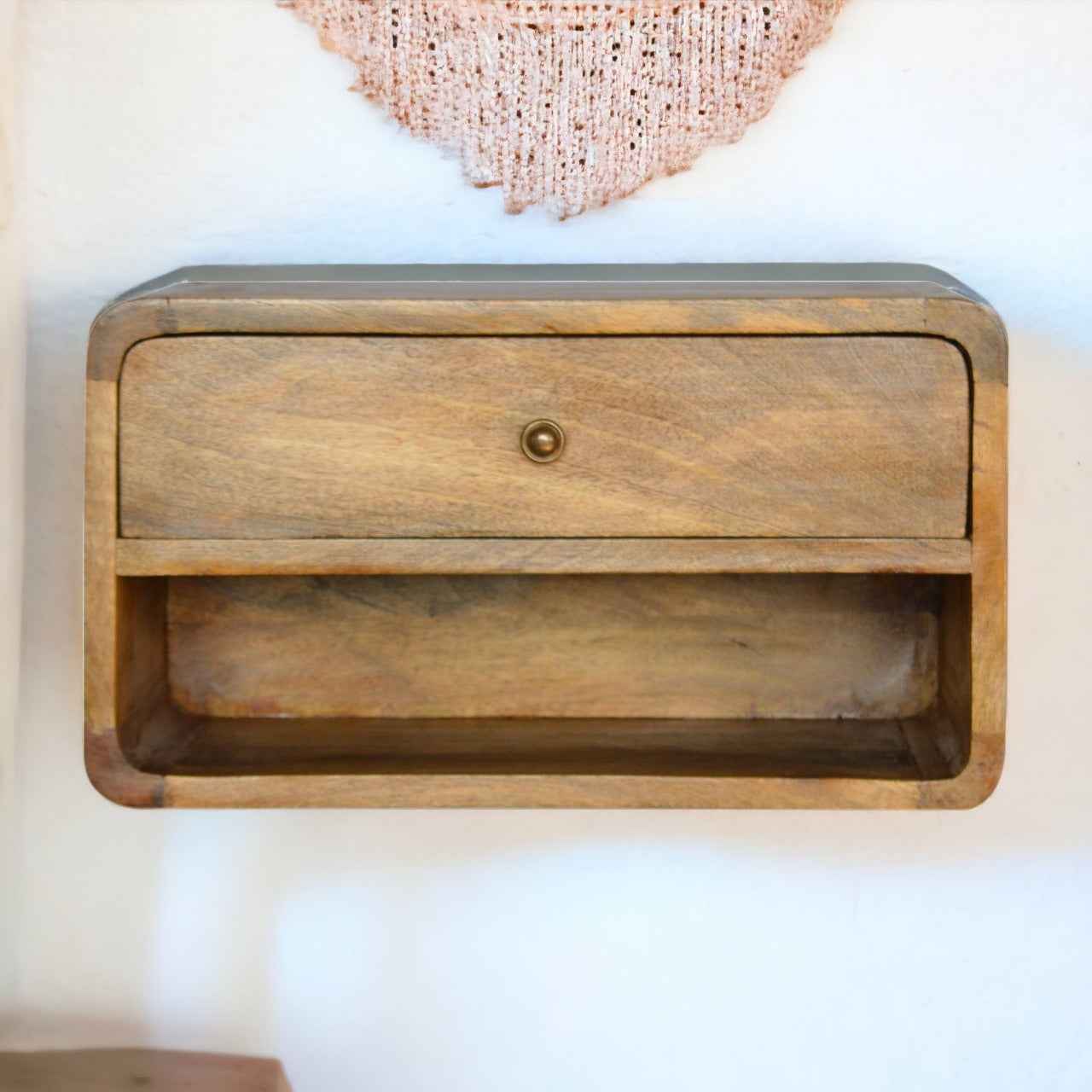 CURVED WALL-MOUNTED SIDE TABLE | NATURAL | 1 DRAWER - 1 SHELF