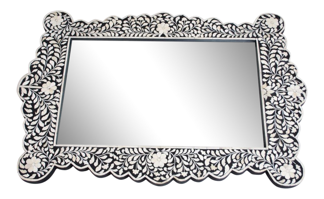 Bone Inlay Mirror Frame Handmade Decor Floral Design Wood Frame Entryway, Hallway, Living Room, Closet Mirror