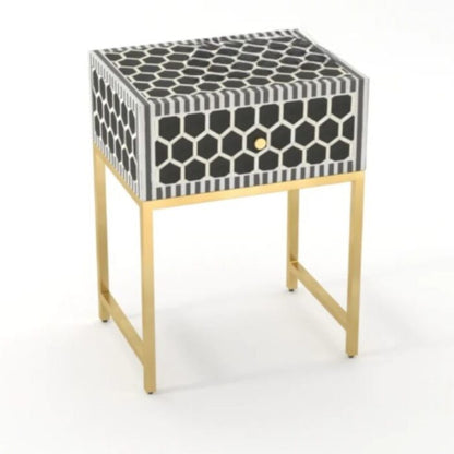 Handmade Bone Inlay Modern Fishscale Pattern Bedside Table with 1 Drawer for Home and Office Decor