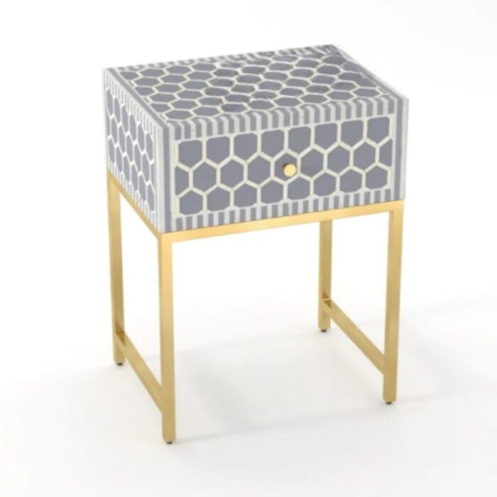 Handmade Bone Inlay Modern Fishscale Pattern Bedside Table with 1 Drawer for Home and Office Decor