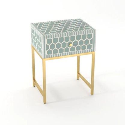 Handmade Bone Inlay Modern Fishscale Pattern Bedside Table with 1 Drawer for Home and Office Decor