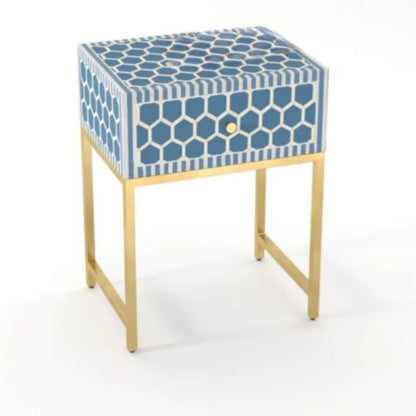 Handmade Bone Inlay Modern Fishscale Pattern Bedside Table with 1 Drawer for Home and Office Decor