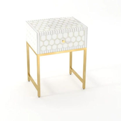 Handmade Bone Inlay Modern Fishscale Pattern Bedside Table with 1 Drawer for Home and Office Decor