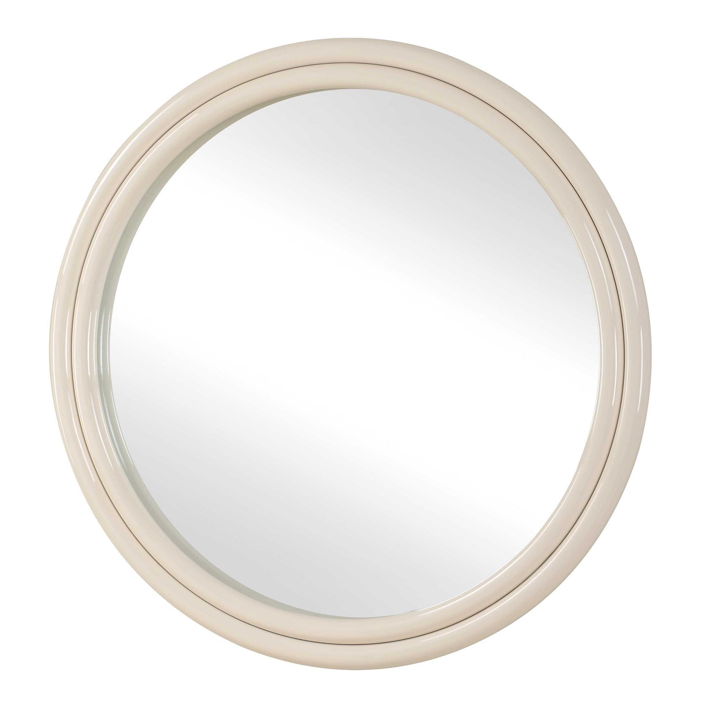 Round mirror with a beige frame on a white background