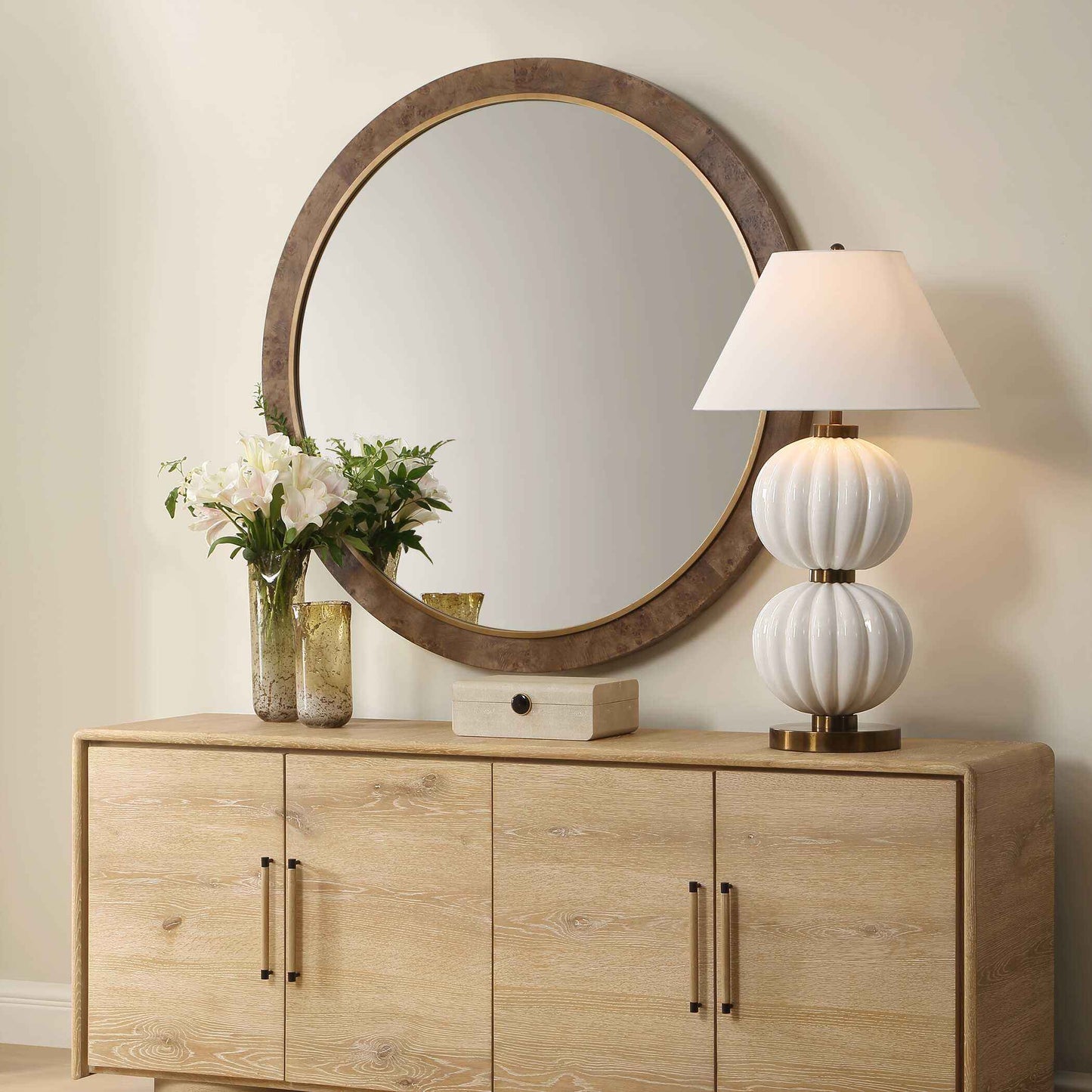 CLEVELAND ROUND BURL WOOD MIRROR