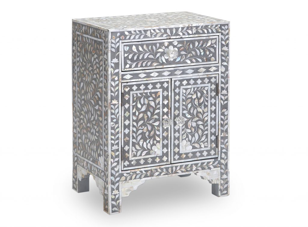 Mother of Pearl Inlay Floral Design Bedside Table , Mother of Pearl Inlay Floral Design Nightstand Table , Mother of Pearl Inlay Storage, Bedroom Furniture