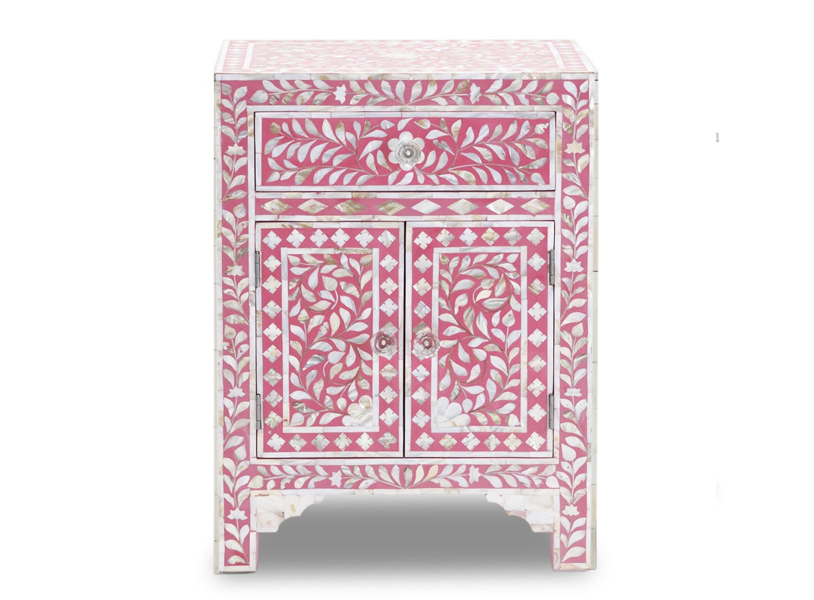 Mother of Pearl Inlay Floral Design Bedside Table , Mother of Pearl Inlay Floral Design Nightstand Table , Mother of Pearl Inlay Storage, Bedroom Furniture