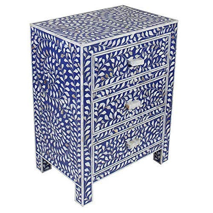 Mother of Pearl Inlay Floral Design With 3 Drawers Bedside Table Blue, Mother of Pearl Inlay Floral Design Nightstand Table Blue, Mother of Pearl Inlay Storage, Bedroom Furniture