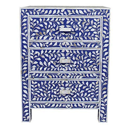 Mother of Pearl Inlay Floral Design With 3 Drawers Bedside Table Blue, Mother of Pearl Inlay Floral Design Nightstand Table Blue, Mother of Pearl Inlay Storage, Bedroom Furniture