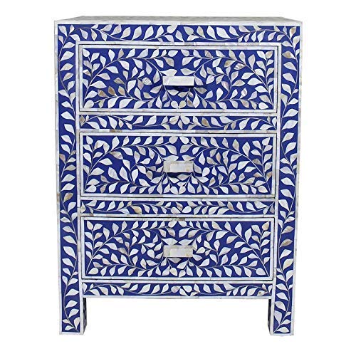 Mother of Pearl Inlay Floral Design With 3 Drawers Bedside Table Blue, Mother of Pearl Inlay Floral Design Nightstand Table Blue, Mother of Pearl Inlay Storage, Bedroom Furniture